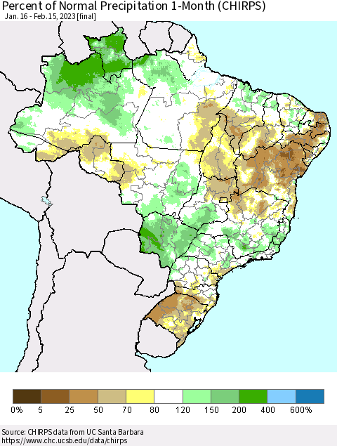 Brazil Percent of Normal Precipitation 1-Month (CHIRPS) Thematic Map For 1/16/2023 - 2/15/2023