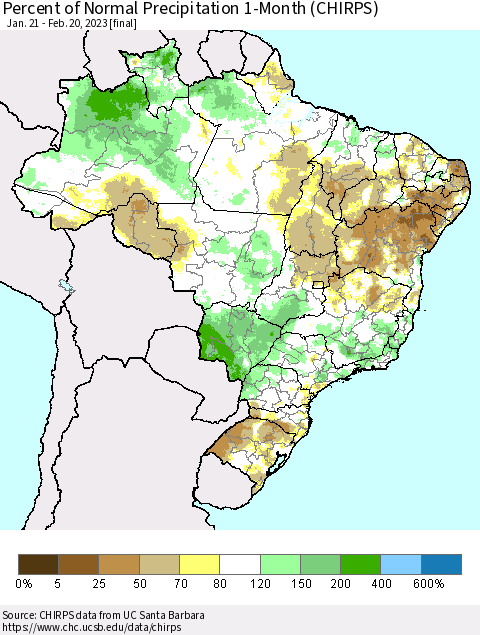 Brazil Percent of Normal Precipitation 1-Month (CHIRPS) Thematic Map For 1/21/2023 - 2/20/2023