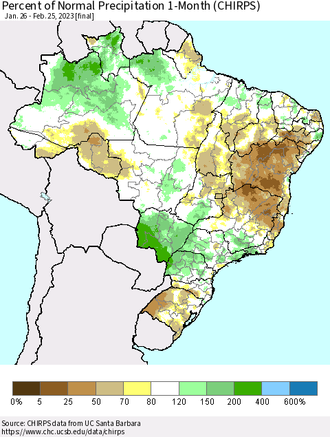 Brazil Percent of Normal Precipitation 1-Month (CHIRPS) Thematic Map For 1/26/2023 - 2/25/2023