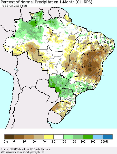Brazil Percent of Normal Precipitation 1-Month (CHIRPS) Thematic Map For 2/1/2023 - 2/28/2023