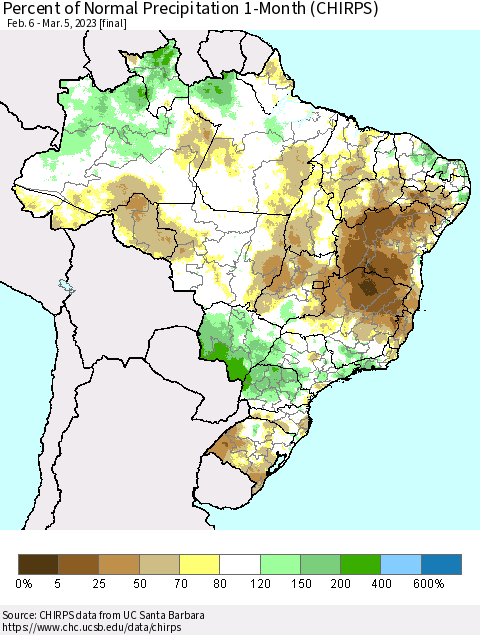 Brazil Percent of Normal Precipitation 1-Month (CHIRPS) Thematic Map For 2/6/2023 - 3/5/2023