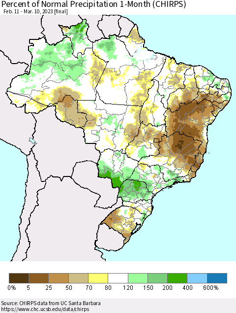 Brazil Percent of Normal Precipitation 1-Month (CHIRPS) Thematic Map For 2/11/2023 - 3/10/2023
