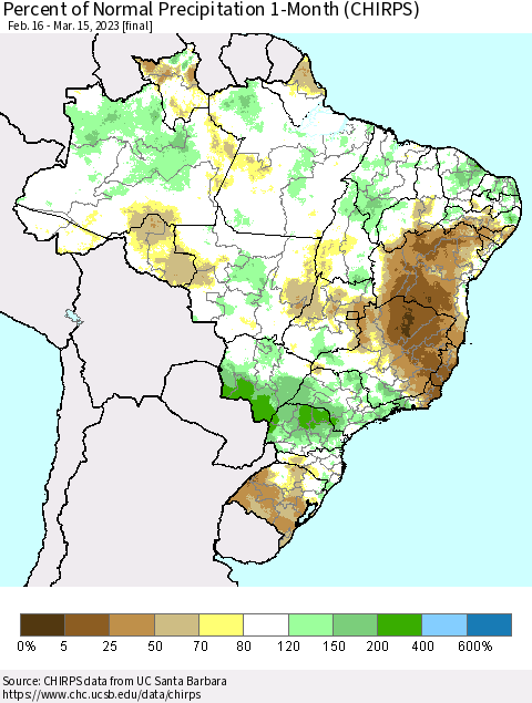 Brazil Percent of Normal Precipitation 1-Month (CHIRPS) Thematic Map For 2/16/2023 - 3/15/2023