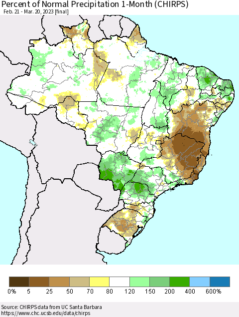 Brazil Percent of Normal Precipitation 1-Month (CHIRPS) Thematic Map For 2/21/2023 - 3/20/2023