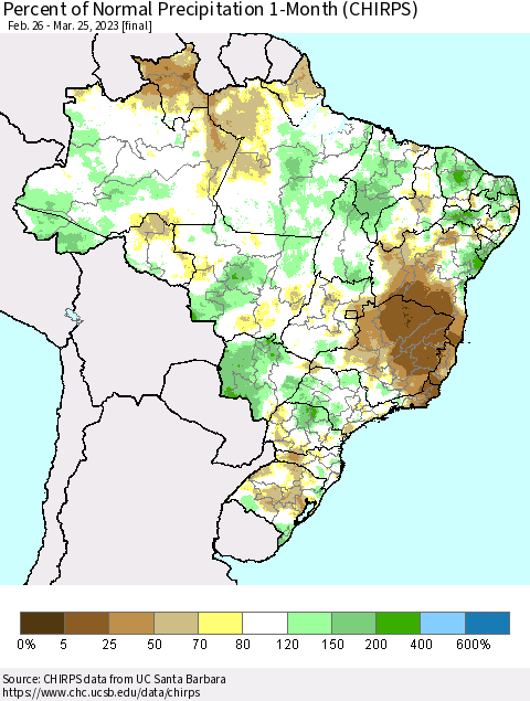 Brazil Percent of Normal Precipitation 1-Month (CHIRPS) Thematic Map For 2/26/2023 - 3/25/2023