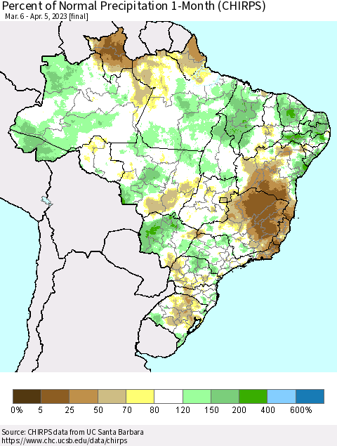 Brazil Percent of Normal Precipitation 1-Month (CHIRPS) Thematic Map For 3/6/2023 - 4/5/2023