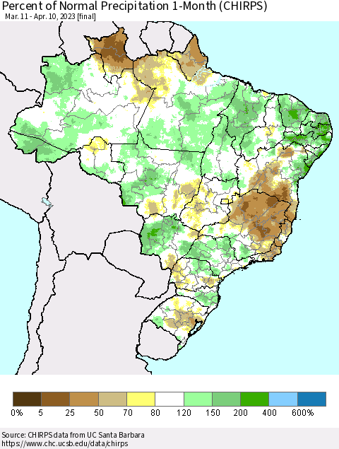 Brazil Percent of Normal Precipitation 1-Month (CHIRPS) Thematic Map For 3/11/2023 - 4/10/2023