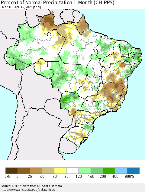 Brazil Percent of Normal Precipitation 1-Month (CHIRPS) Thematic Map For 3/16/2023 - 4/15/2023