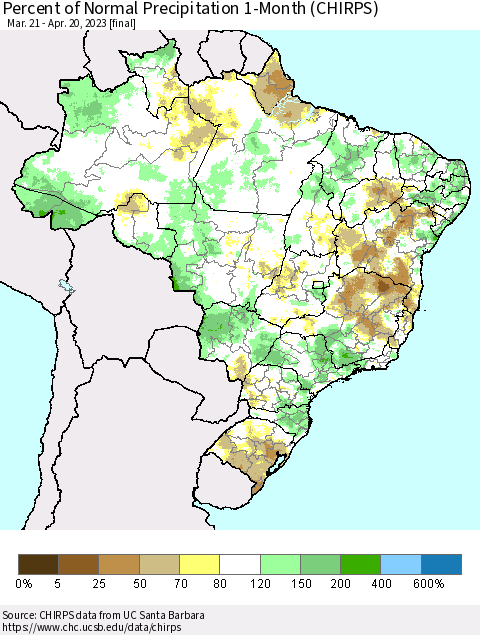 Brazil Percent of Normal Precipitation 1-Month (CHIRPS) Thematic Map For 3/21/2023 - 4/20/2023