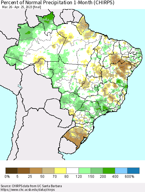 Brazil Percent of Normal Precipitation 1-Month (CHIRPS) Thematic Map For 3/26/2023 - 4/25/2023