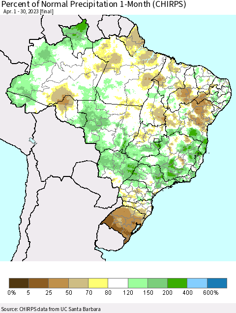 Brazil Percent of Normal Precipitation 1-Month (CHIRPS) Thematic Map For 4/1/2023 - 4/30/2023