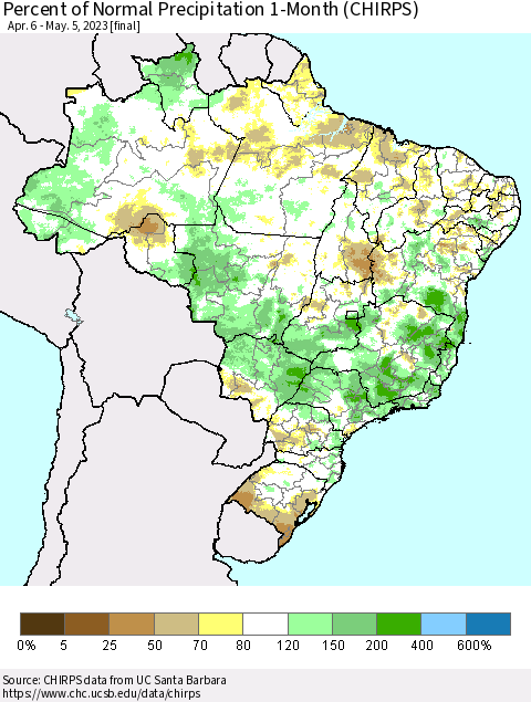 Brazil Percent of Normal Precipitation 1-Month (CHIRPS) Thematic Map For 4/6/2023 - 5/5/2023