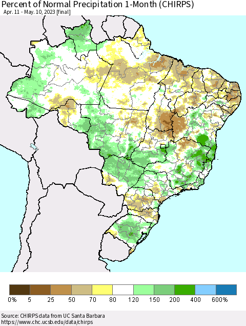 Brazil Percent of Normal Precipitation 1-Month (CHIRPS) Thematic Map For 4/11/2023 - 5/10/2023