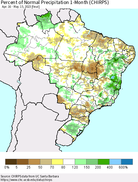 Brazil Percent of Normal Precipitation 1-Month (CHIRPS) Thematic Map For 4/16/2023 - 5/15/2023