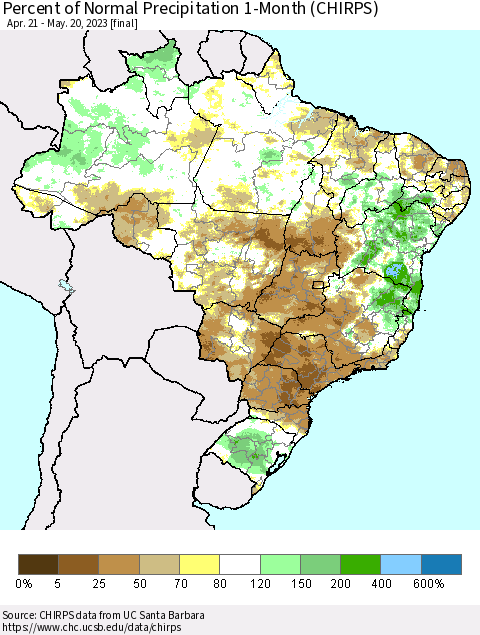 Brazil Percent of Normal Precipitation 1-Month (CHIRPS) Thematic Map For 4/21/2023 - 5/20/2023