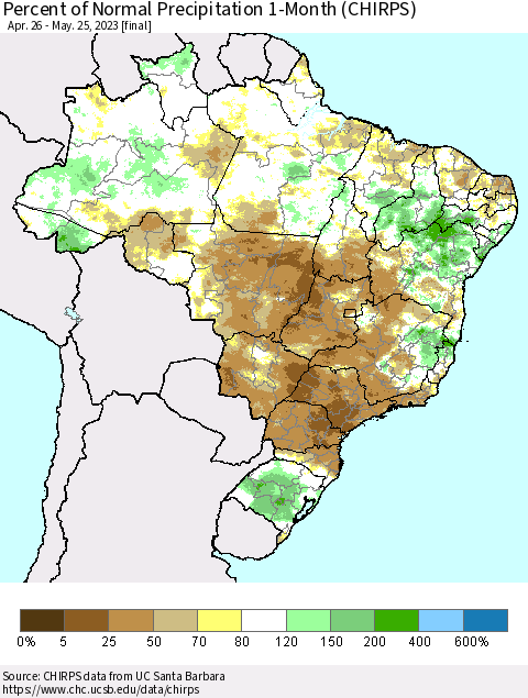 Brazil Percent of Normal Precipitation 1-Month (CHIRPS) Thematic Map For 4/26/2023 - 5/25/2023