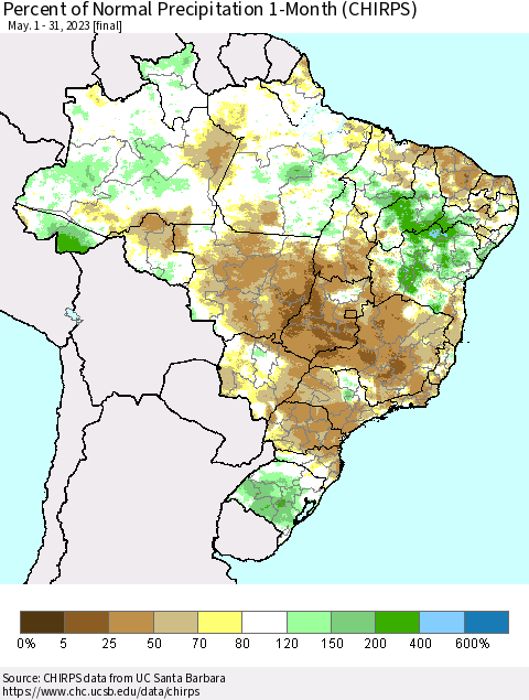 Brazil Percent of Normal Precipitation 1-Month (CHIRPS) Thematic Map For 5/1/2023 - 5/31/2023