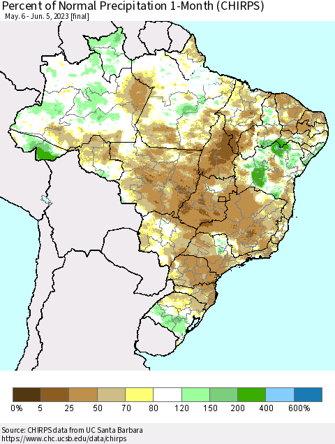 Brazil Percent of Normal Precipitation 1-Month (CHIRPS) Thematic Map For 5/6/2023 - 6/5/2023