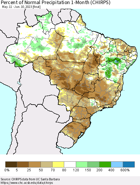 Brazil Percent of Normal Precipitation 1-Month (CHIRPS) Thematic Map For 5/11/2023 - 6/10/2023