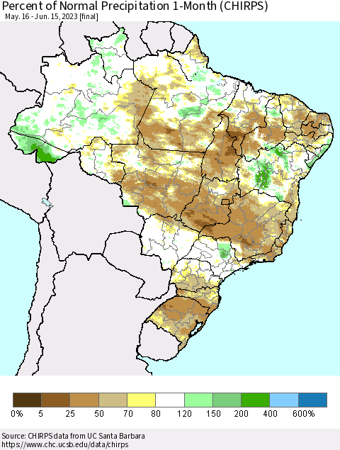 Brazil Percent of Normal Precipitation 1-Month (CHIRPS) Thematic Map For 5/16/2023 - 6/15/2023