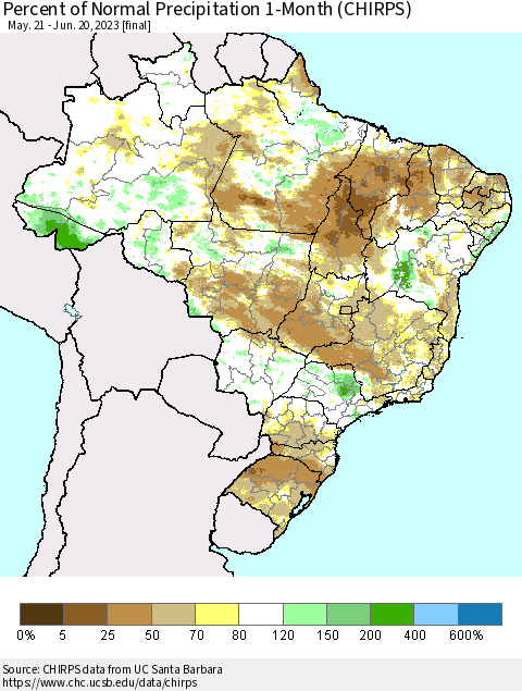 Brazil Percent of Normal Precipitation 1-Month (CHIRPS) Thematic Map For 5/21/2023 - 6/20/2023