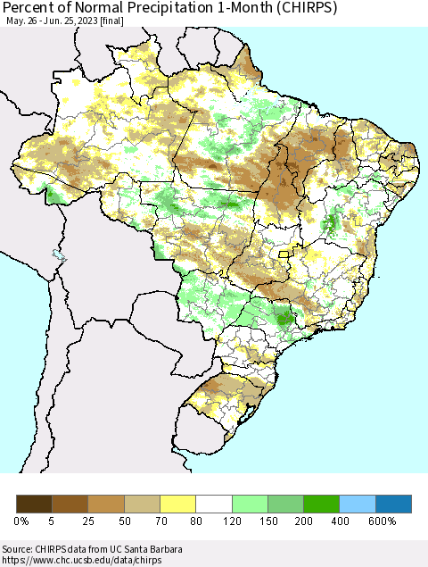 Brazil Percent of Normal Precipitation 1-Month (CHIRPS) Thematic Map For 5/26/2023 - 6/25/2023