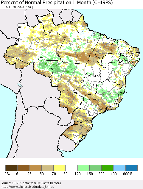 Brazil Percent of Normal Precipitation 1-Month (CHIRPS) Thematic Map For 6/1/2023 - 6/30/2023