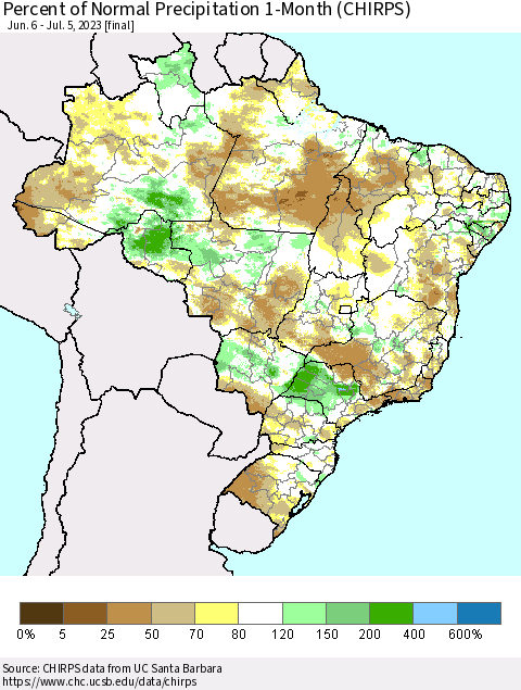 Brazil Percent of Normal Precipitation 1-Month (CHIRPS) Thematic Map For 6/6/2023 - 7/5/2023