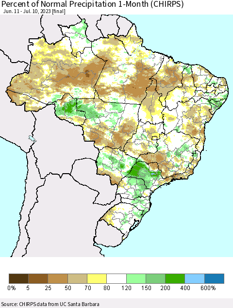 Brazil Percent of Normal Precipitation 1-Month (CHIRPS) Thematic Map For 6/11/2023 - 7/10/2023