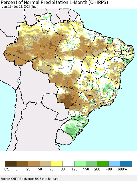 Brazil Percent of Normal Precipitation 1-Month (CHIRPS) Thematic Map For 6/16/2023 - 7/15/2023
