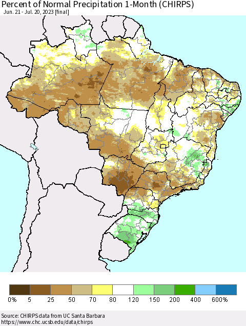 Brazil Percent of Normal Precipitation 1-Month (CHIRPS) Thematic Map For 6/21/2023 - 7/20/2023