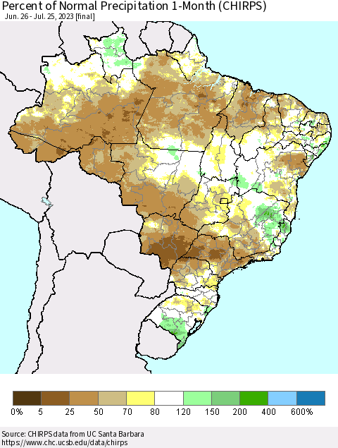 Brazil Percent of Normal Precipitation 1-Month (CHIRPS) Thematic Map For 6/26/2023 - 7/25/2023