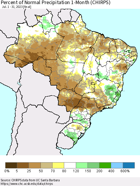 Brazil Percent of Normal Precipitation 1-Month (CHIRPS) Thematic Map For 7/1/2023 - 7/31/2023