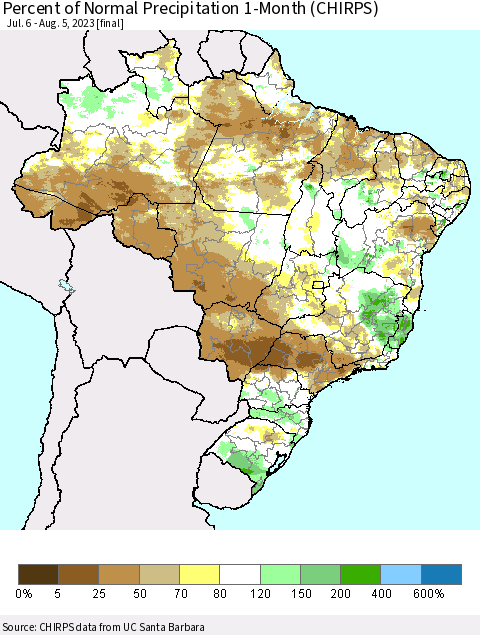 Brazil Percent of Normal Precipitation 1-Month (CHIRPS) Thematic Map For 7/6/2023 - 8/5/2023