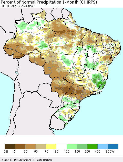 Brazil Percent of Normal Precipitation 1-Month (CHIRPS) Thematic Map For 7/11/2023 - 8/10/2023