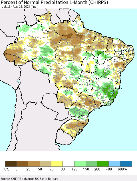 Brazil Percent of Normal Precipitation 1-Month (CHIRPS) Thematic Map For 7/16/2023 - 8/15/2023