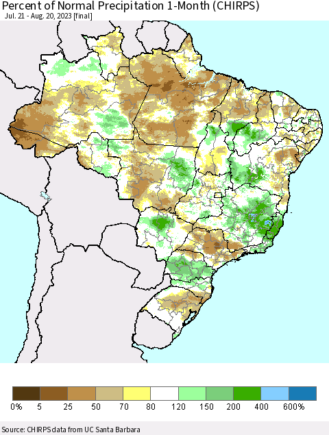 Brazil Percent of Normal Precipitation 1-Month (CHIRPS) Thematic Map For 7/21/2023 - 8/20/2023