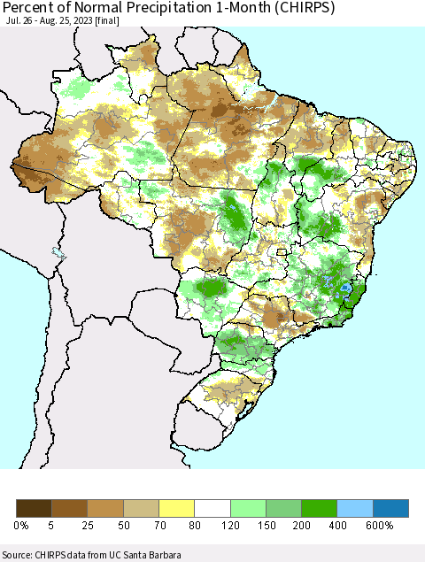Brazil Percent of Normal Precipitation 1-Month (CHIRPS) Thematic Map For 7/26/2023 - 8/25/2023