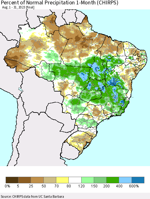 Brazil Percent of Normal Precipitation 1-Month (CHIRPS) Thematic Map For 8/1/2023 - 8/31/2023