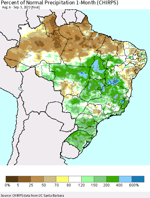 Brazil Percent of Normal Precipitation 1-Month (CHIRPS) Thematic Map For 8/6/2023 - 9/5/2023