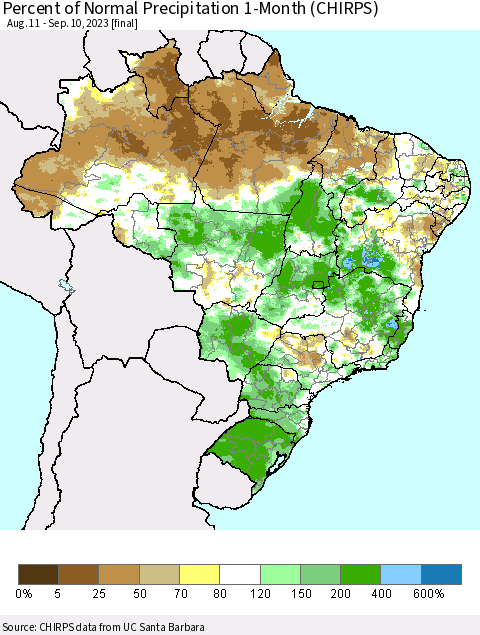Brazil Percent of Normal Precipitation 1-Month (CHIRPS) Thematic Map For 8/11/2023 - 9/10/2023