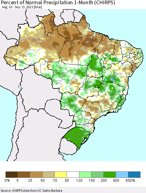 Brazil Percent of Normal Precipitation 1-Month (CHIRPS) Thematic Map For 8/16/2023 - 9/15/2023