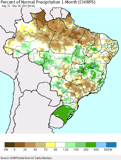 Brazil Percent of Normal Precipitation 1-Month (CHIRPS) Thematic Map For 8/21/2023 - 9/20/2023