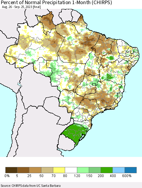 Brazil Percent of Normal Precipitation 1-Month (CHIRPS) Thematic Map For 8/26/2023 - 9/25/2023