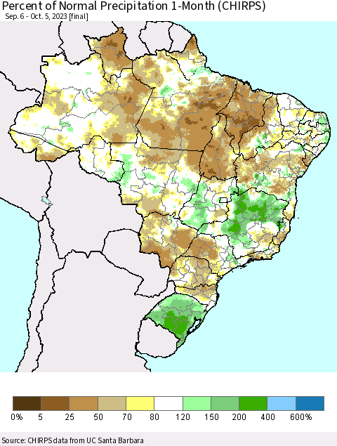Brazil Percent of Normal Precipitation 1-Month (CHIRPS) Thematic Map For 9/6/2023 - 10/5/2023