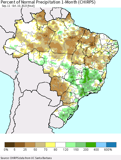 Brazil Percent of Normal Precipitation 1-Month (CHIRPS) Thematic Map For 9/11/2023 - 10/10/2023