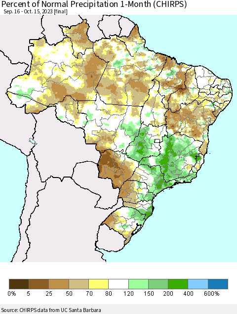 Brazil Percent of Normal Precipitation 1-Month (CHIRPS) Thematic Map For 9/16/2023 - 10/15/2023