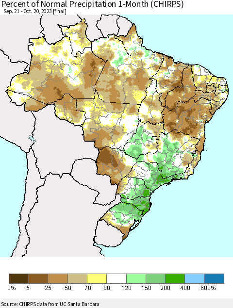 Brazil Percent of Normal Precipitation 1-Month (CHIRPS) Thematic Map For 9/21/2023 - 10/20/2023