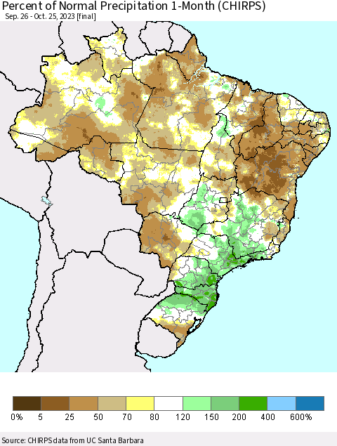 Brazil Percent of Normal Precipitation 1-Month (CHIRPS) Thematic Map For 9/26/2023 - 10/25/2023