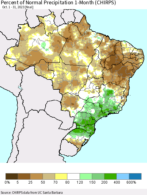 Brazil Percent of Normal Precipitation 1-Month (CHIRPS) Thematic Map For 10/1/2023 - 10/31/2023